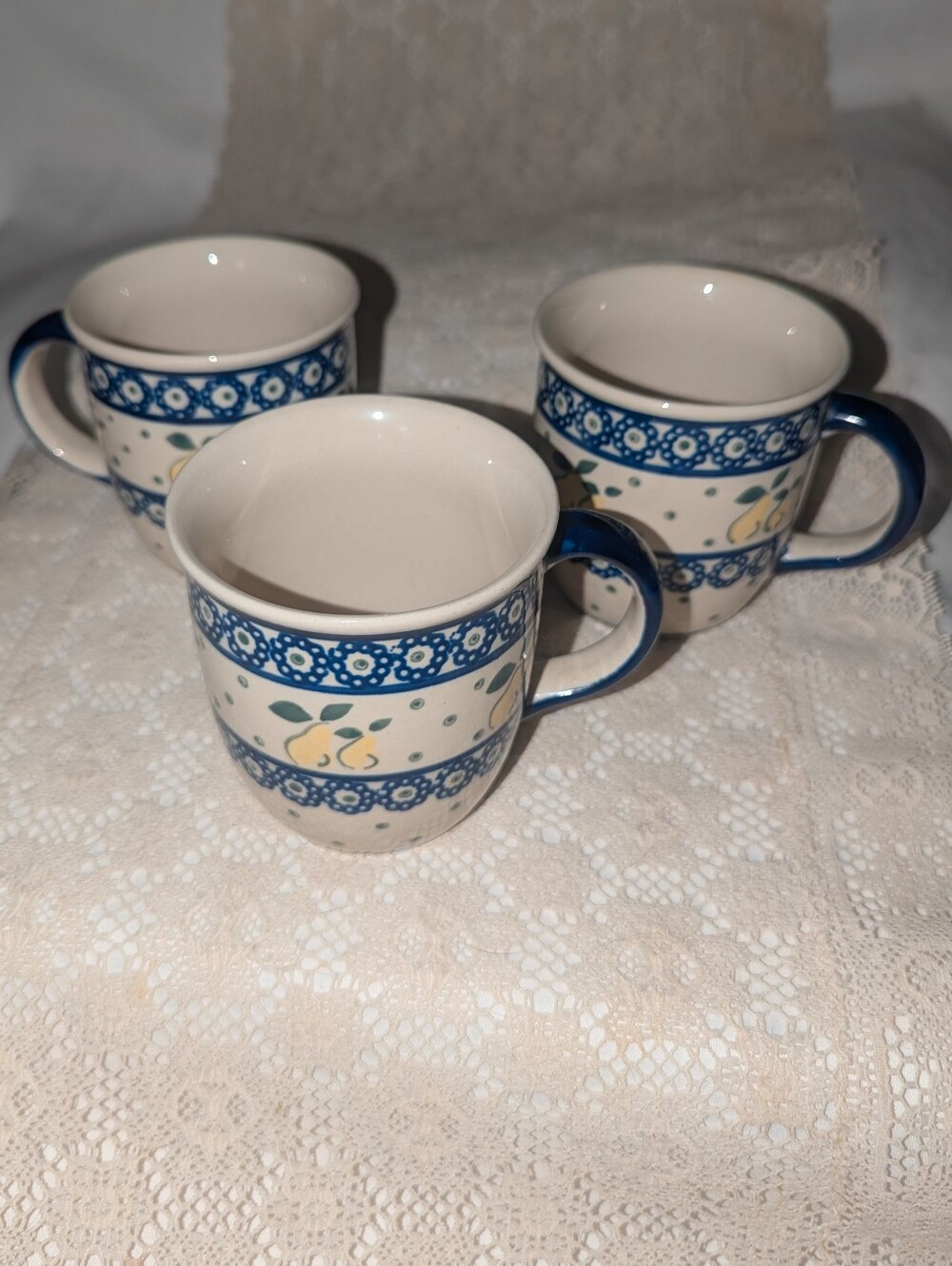 Vintage Polish Boleslawiec Blue Cream Ceramic Mug Set with Pear Motif  3-Pack